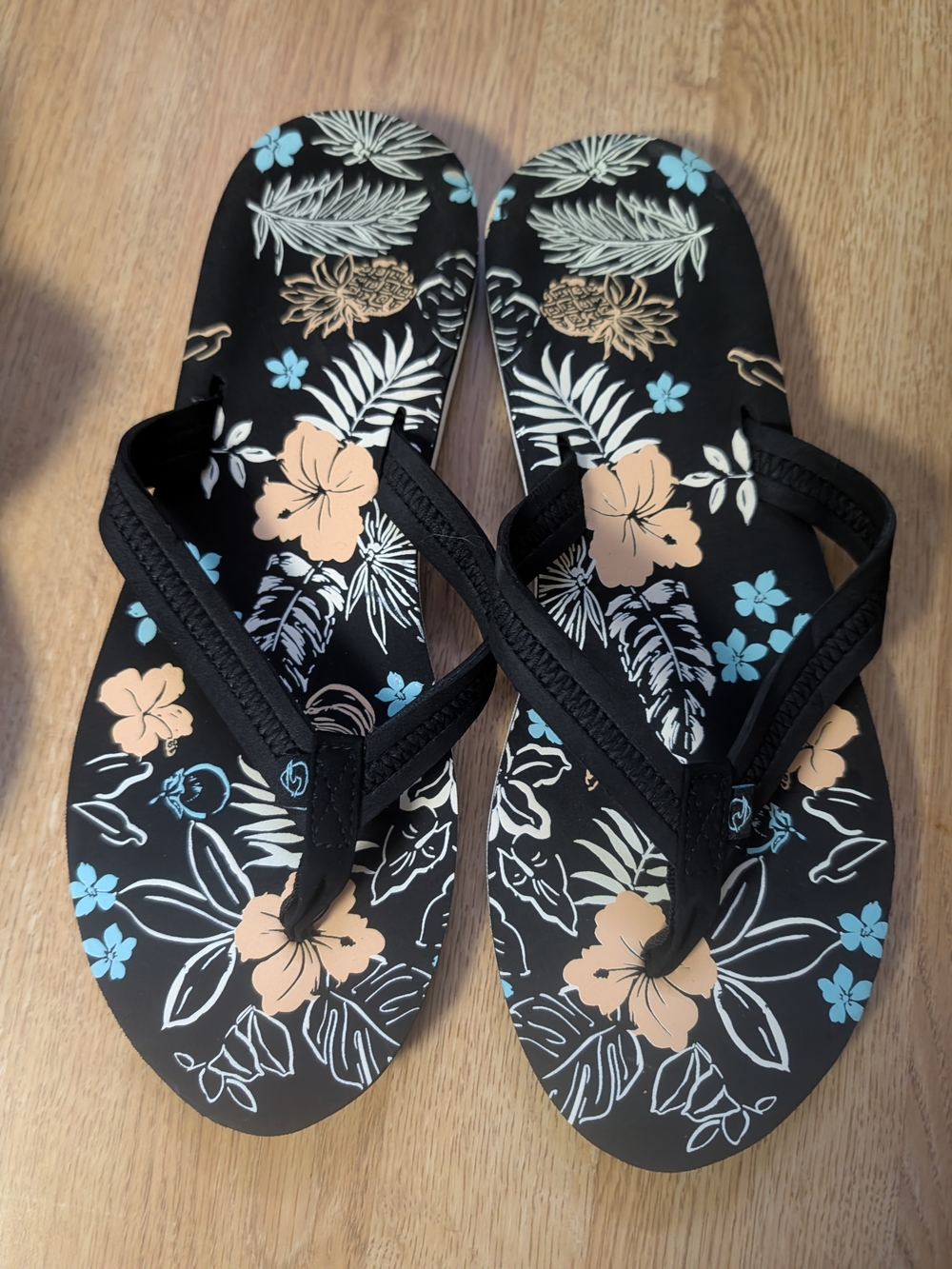 Women's Black Floral Flip Flops - Black Peach & Light Blue